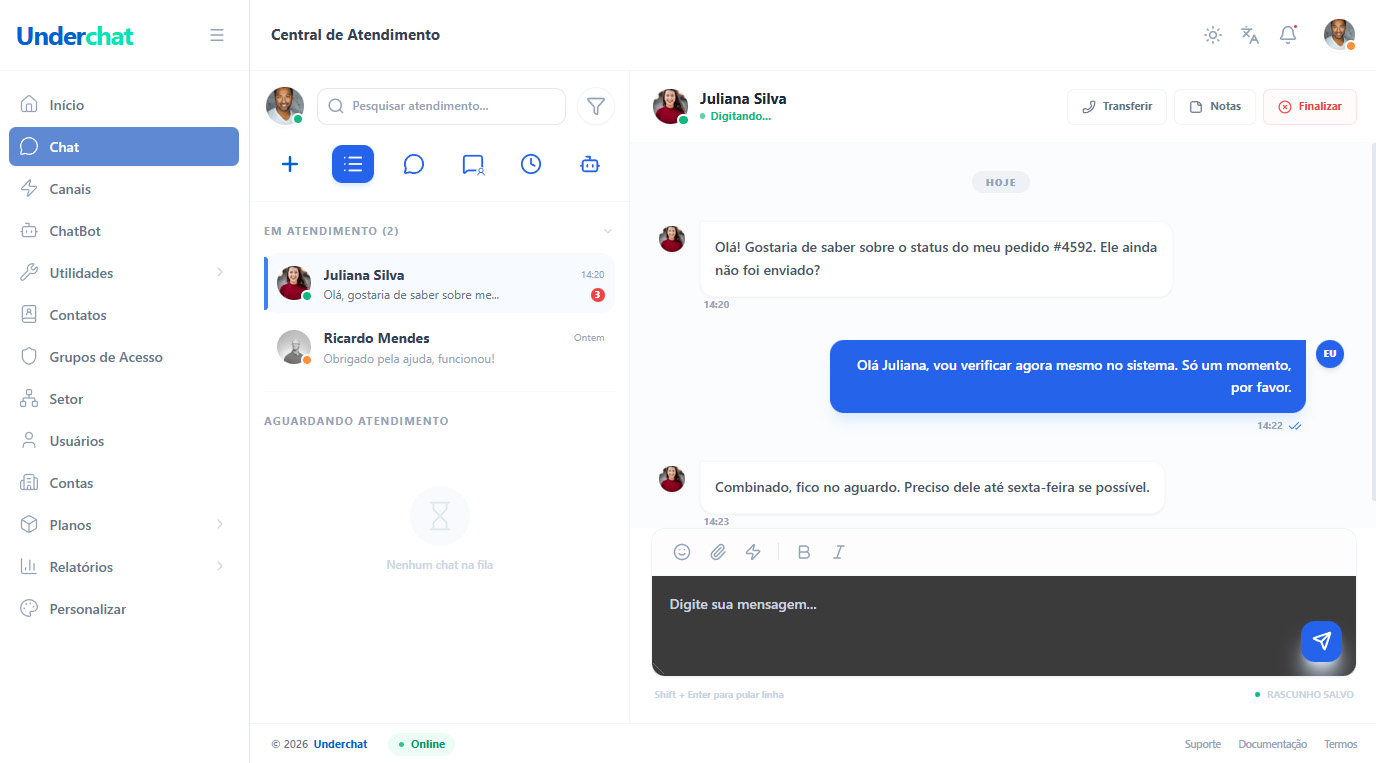 Tela de atendimento da UnderChat